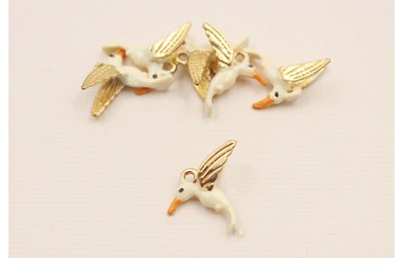 Cuenta Colibri 15*19mm esmalte Blanco pico naranja