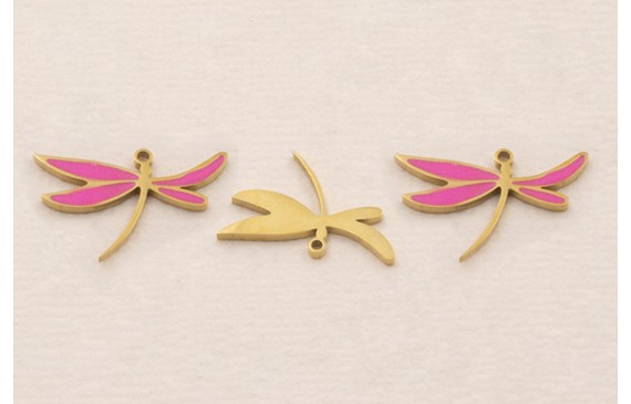 Cuenta Libélula 17*11mm Acero Inox. Fuxia y Oro Cuenta Libélula 17*11mm Acero Inox. Fuxia y Oro