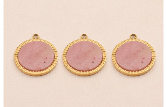 Colgante S.Steel 316L Disco 15mm con Piedra Rosada