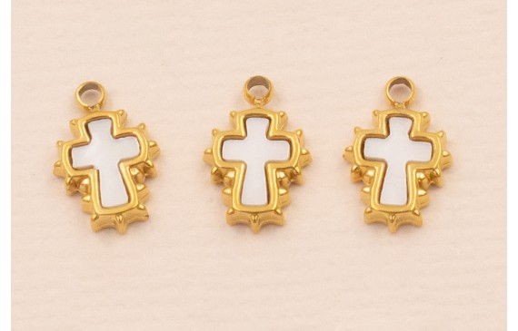 Colgante Cruz con Nacar Acero inox. 316L 7*5mm Oro Colgante Cruz con Nacar Acero inox. 316L 7*5mm Oro