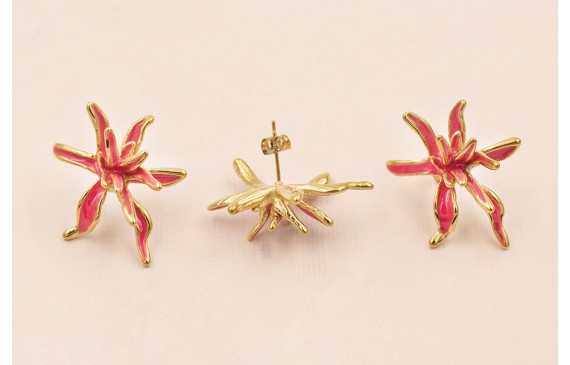 Pendiente Acero Inox. Flor Irregular 32*25 Rosa