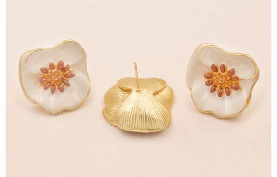 Pendiente Flor Esmalte Beige y marrón 27mm O. Mate