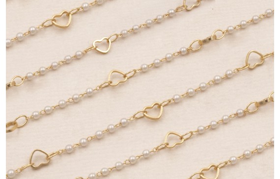 Cadena Perlas 1mm y corazon de 5*4mm Dorado Mate
