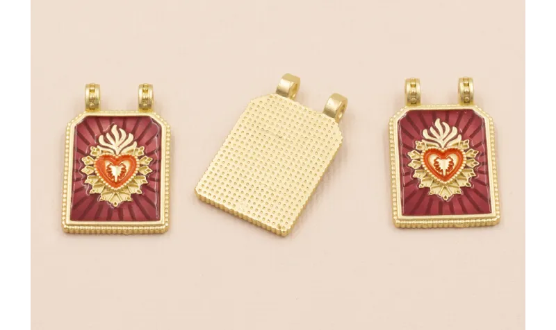 Medalla Sagrado Corazón 30*17 Granate y Naranja / Cuentas Metálicas de Latón / Zamak