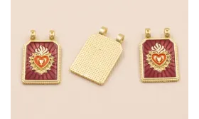 Medalla Sagrado Corazón 30*17 Granate y Naranja / Cuentas Metálicas de Latón / Zamak