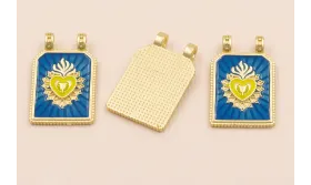 Medalla Sagrado Corazón 30*17 Azul y Lima / Cuentas Metálicas de Latón / Zamak