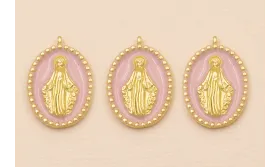 Colgante Ovalo Virgen cazoleta con esmalte Lila / Cuentas Metálicas de Latón / Zamak