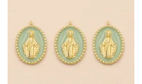 Colgante Ovalo Virgen esmalte Verde Turquesa / Cuentas Metálicas de Latón / Zamak