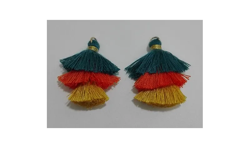 Pompon triple Verde+naranja+amarillo /Cuentas de  Tela
