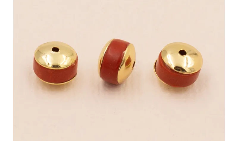 Disco Jade Rojo con Tapas doradas 6*4mm / Cuentas Metálicas de Latón / Zamak