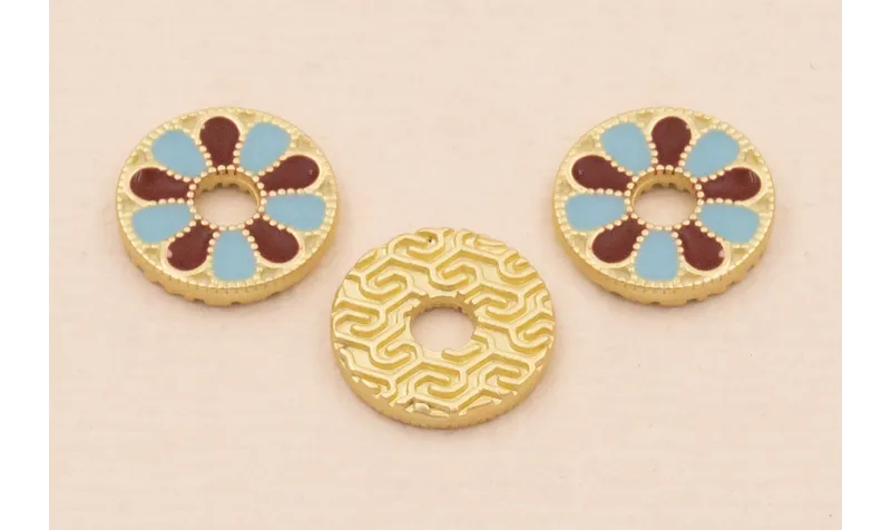 Colgante Disco 12*2mm Esmalte Azul y Granate / Cuentas Metálicas de Latón / Zamak