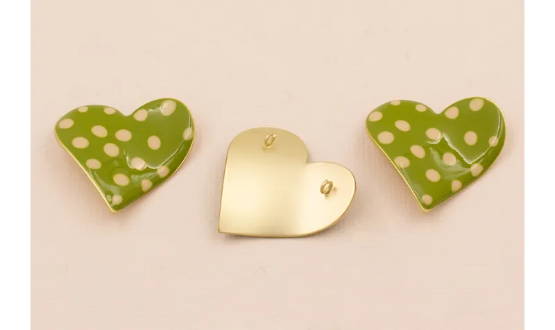 Colgante Corazón 35*30 Verde Lunares Rosas O.Mate / Cuentas Metálicas de Latón / Zamak