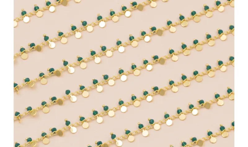 Cadena Discos 3mm con Piedra esmeralda Baño Oro / Cadenas de Latón / Zamak