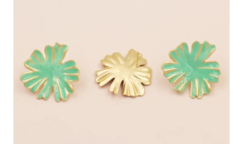 Pendiente Flor Oro Mate esmalte Turquesa 33mm diam / Base Pendientes