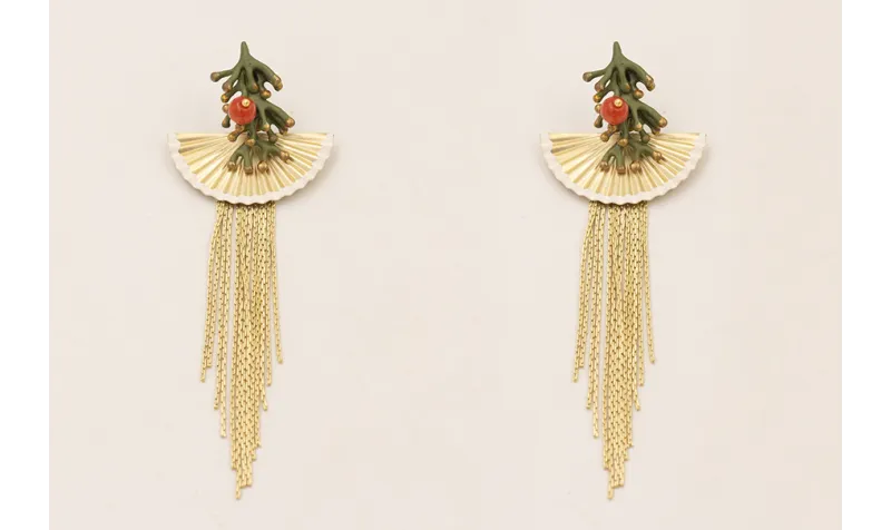 Pendientes perno rama verde con bola de coral, aba