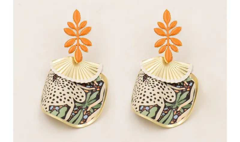 Pendientes perno hojas esmaltado naranja, abanico
