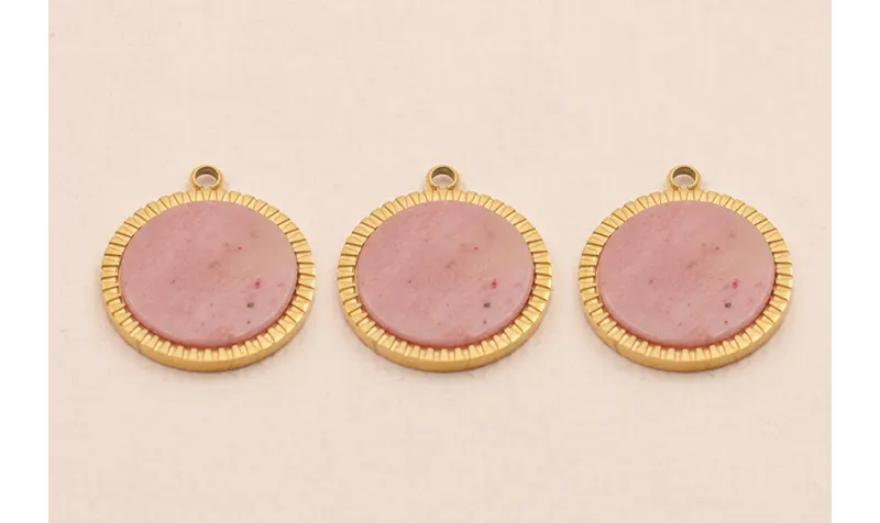 Colgante S.Steel 316L Disco 15mm con Piedra Rosada / Cuentas Metálicas de Acero Inoxidable