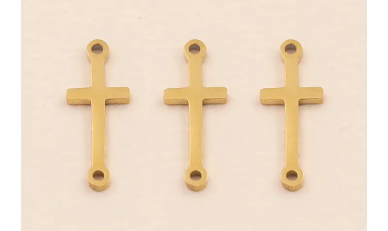 Cruz Acero Inox. 13*5mm 2 anillas Oro / Cuentas Metálicas de Acero Inoxidable