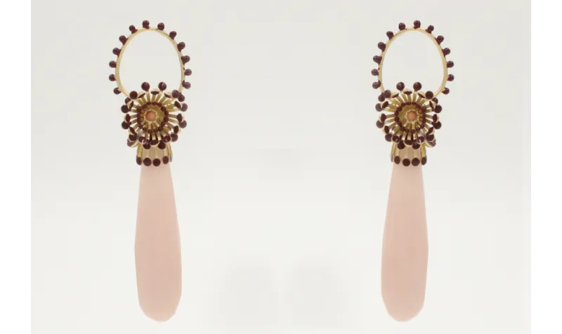 Pendientes lagrima rosa perno esmaltes granates, c