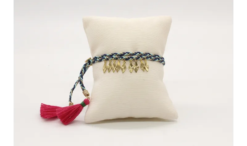 Pulsera trenza macrame azules con rombos en oro y 