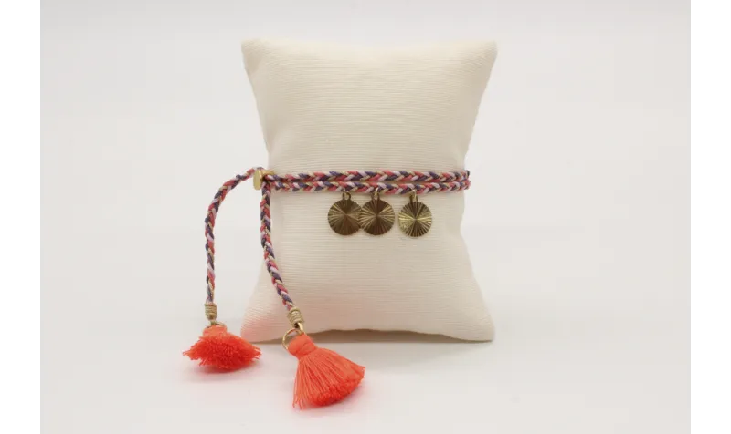 Pulsera trenza macrame morados, rosa con disco est