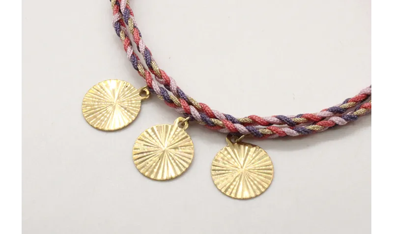 Pulsera trenza macrame morados, rosa con disco est