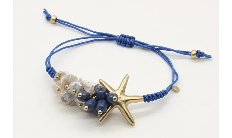 Pulsera nudo serpiente macrame azul con madre-perl