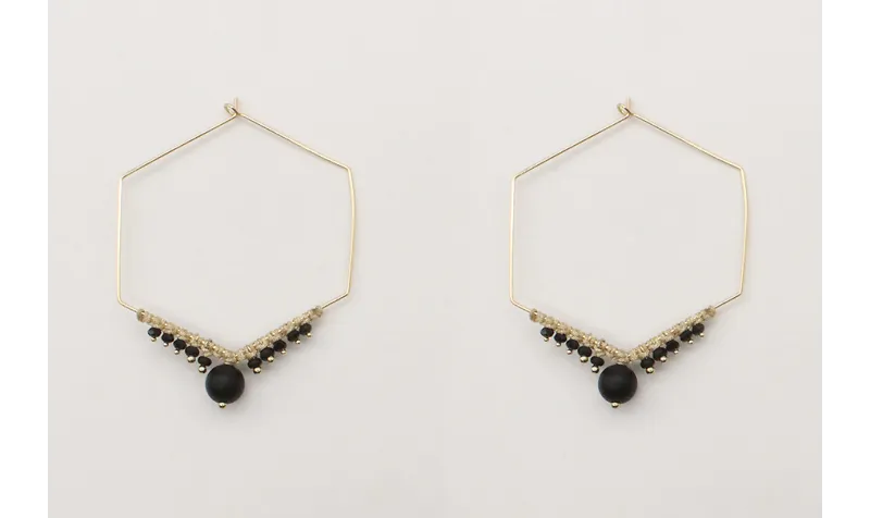 Pendientes arete hexagonal con bolas negras y macr