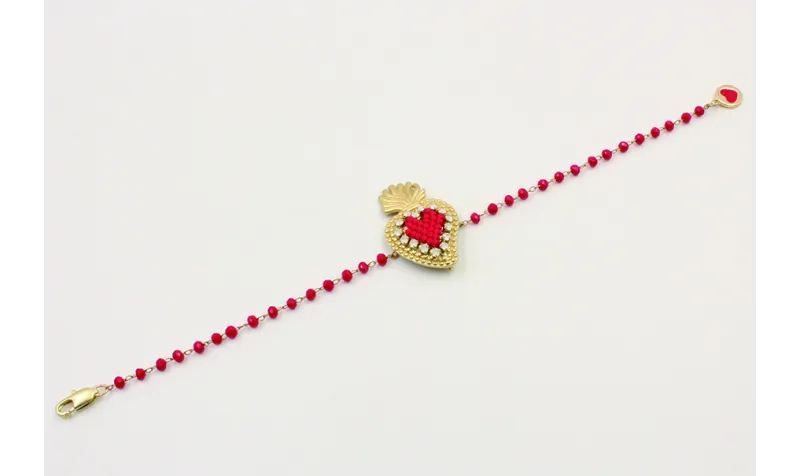 Pulsera cadena facetadas rojas con sagrado corazón