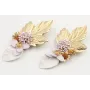 Pendientes hoja grande oro mate, coral y flor lila