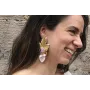 Pendientes hoja grande oro mate, coral y flor lila