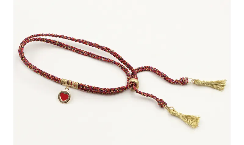 Pulsera trenzada hilo rojo vivo y oro con chapa co