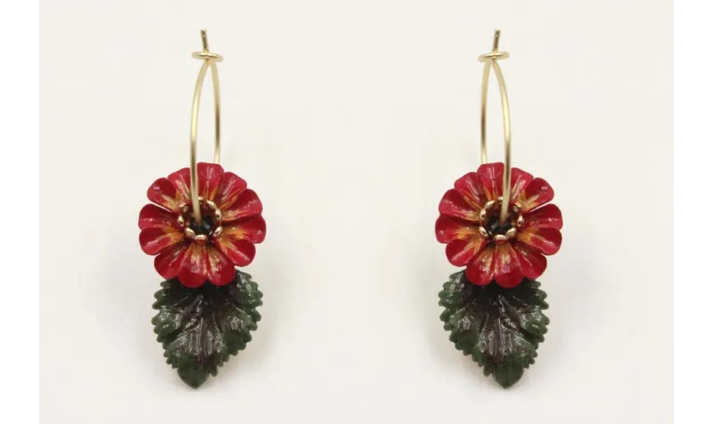 Pendientes aro oro mate con flor esmalte roja y ve