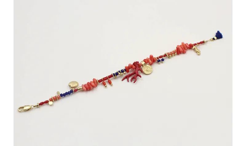 Pulsera corales rosas con colgantes de almeja,sol,