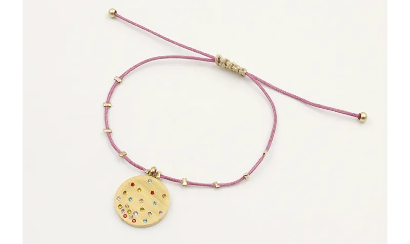 Pulsera hilo macrame malva con bolas aplastadas y 