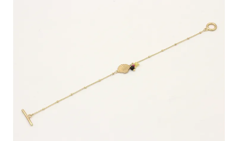 Pulsera cadena micro bola dorada mate con concha, 