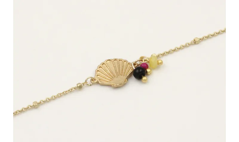 Pulsera cadena micro bola dorada mate con concha, 