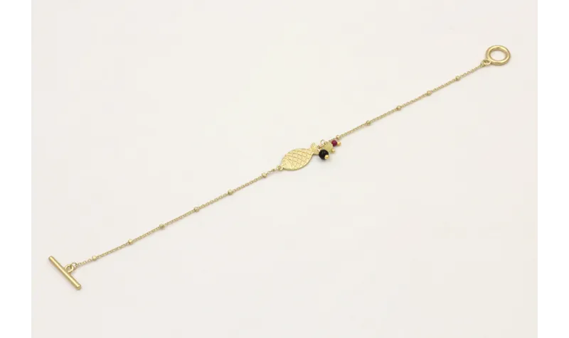 Pulsera cadena micro bola dorada mate con pez, aba