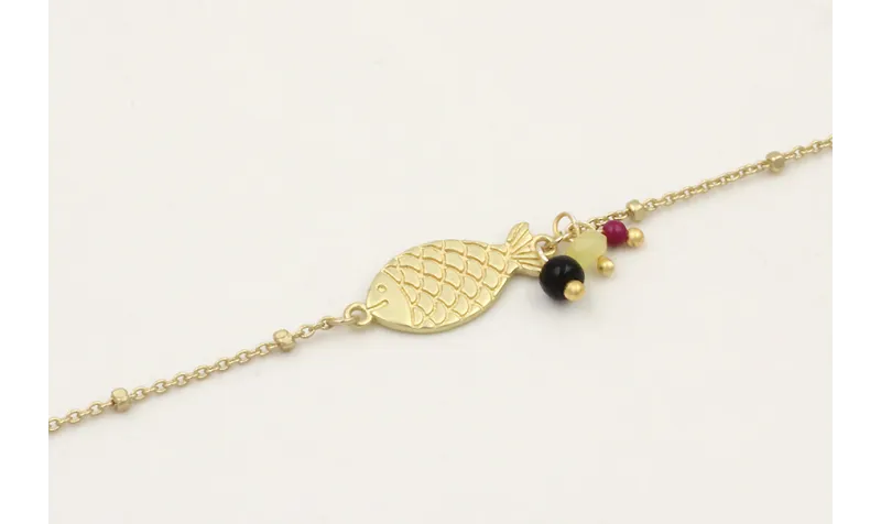 Pulsera cadena micro bola dorada mate con pez, aba