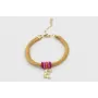 Pulsera seda mostaza con aritos de abalorio rosa,n
