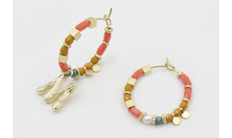 Pendientes aros con tubos facetados salmón, bolas 