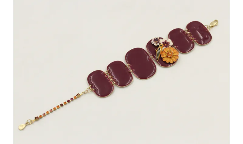 Pulsera rectangulos ovalados burdeos con pajarillo