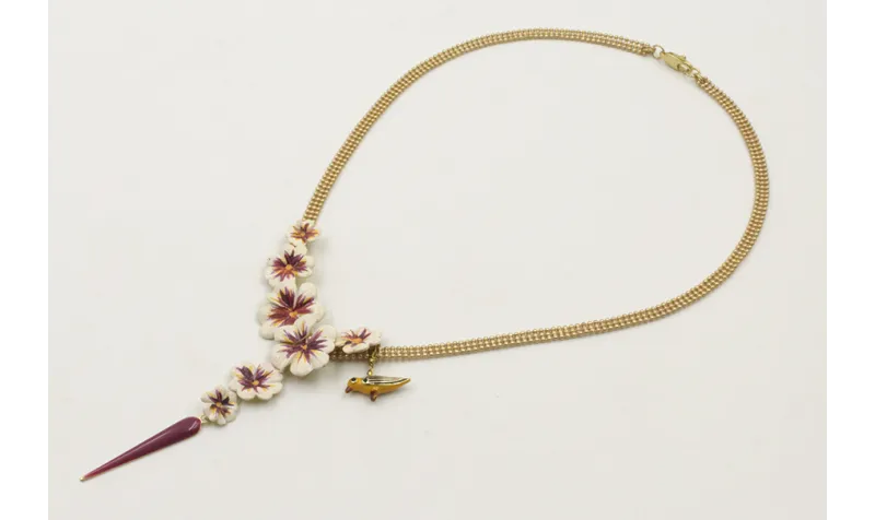 Collar cadena bolas 3 bandas dorada mate con flore