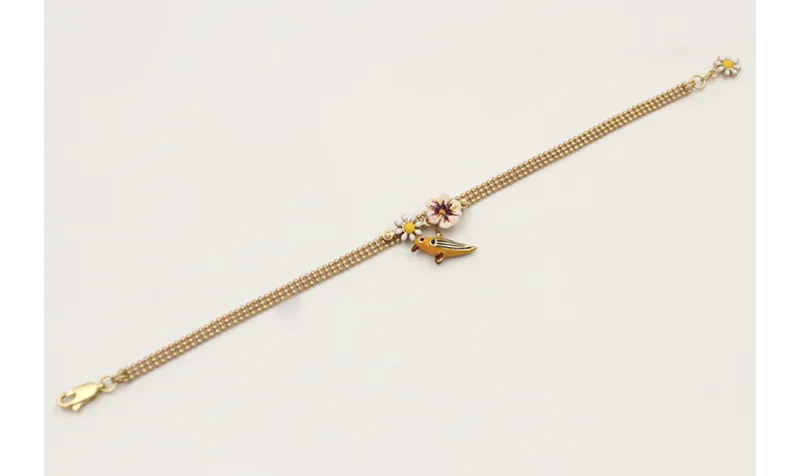 Pulsera cadena bolas 3 bandas dorada mate con flor