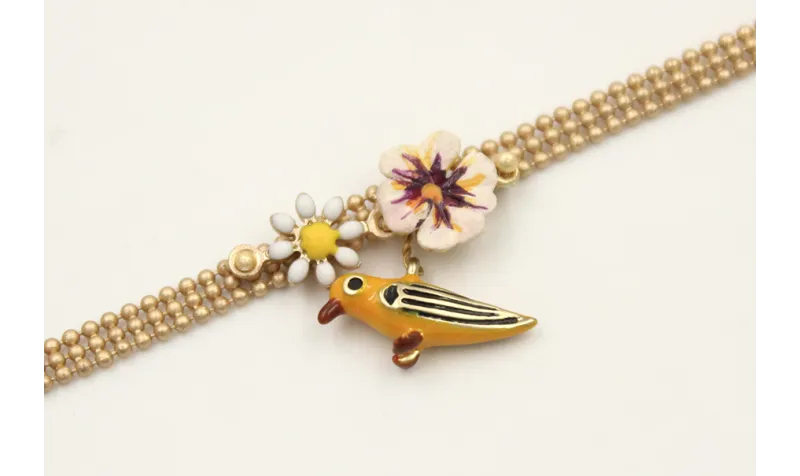 Pulsera cadena bolas 3 bandas dorada mate con flor