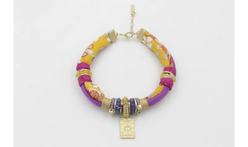 Pulsera seda natural morado y lazo tubo kimono ama