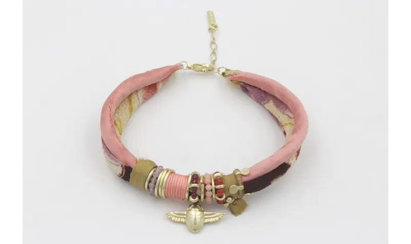Pulsera seda natural salmón y lazo tubo kimono gra