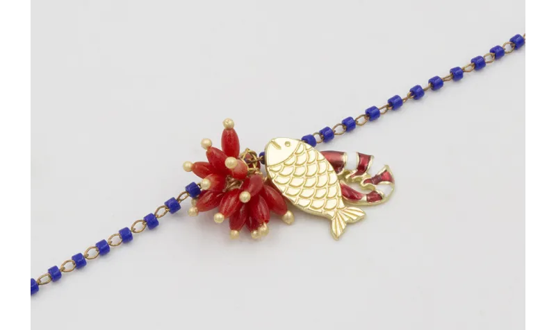 Pulsera cadena miyuki azulona con colgante pez,gam