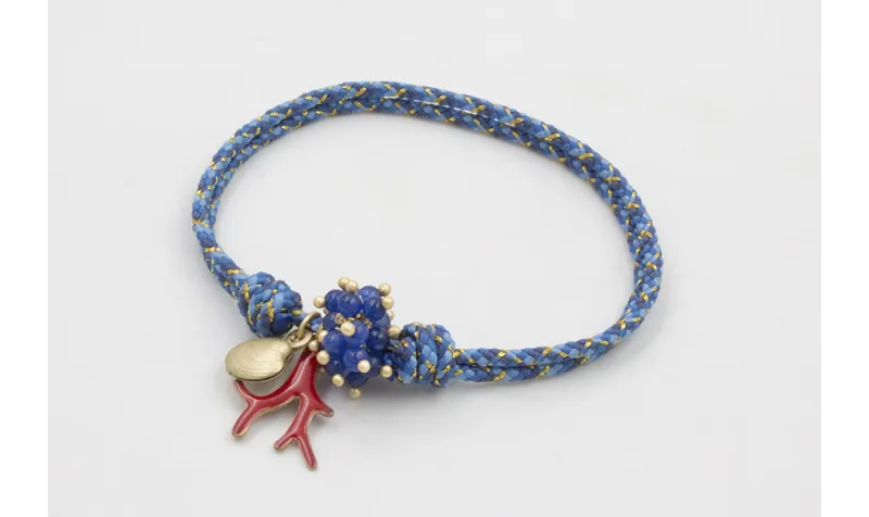 Pulsera nudo corredizo de driza azul y dorado con 