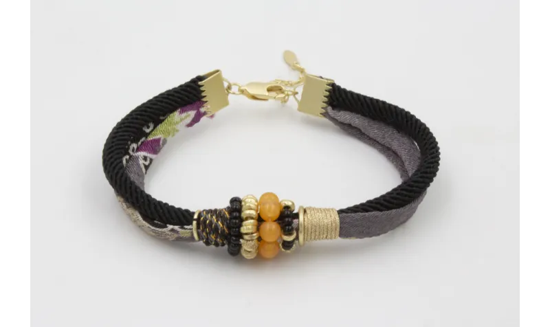 PULSERA LAZO TUBO KIMONO GRISES Y CORDÓN RETORCIDO